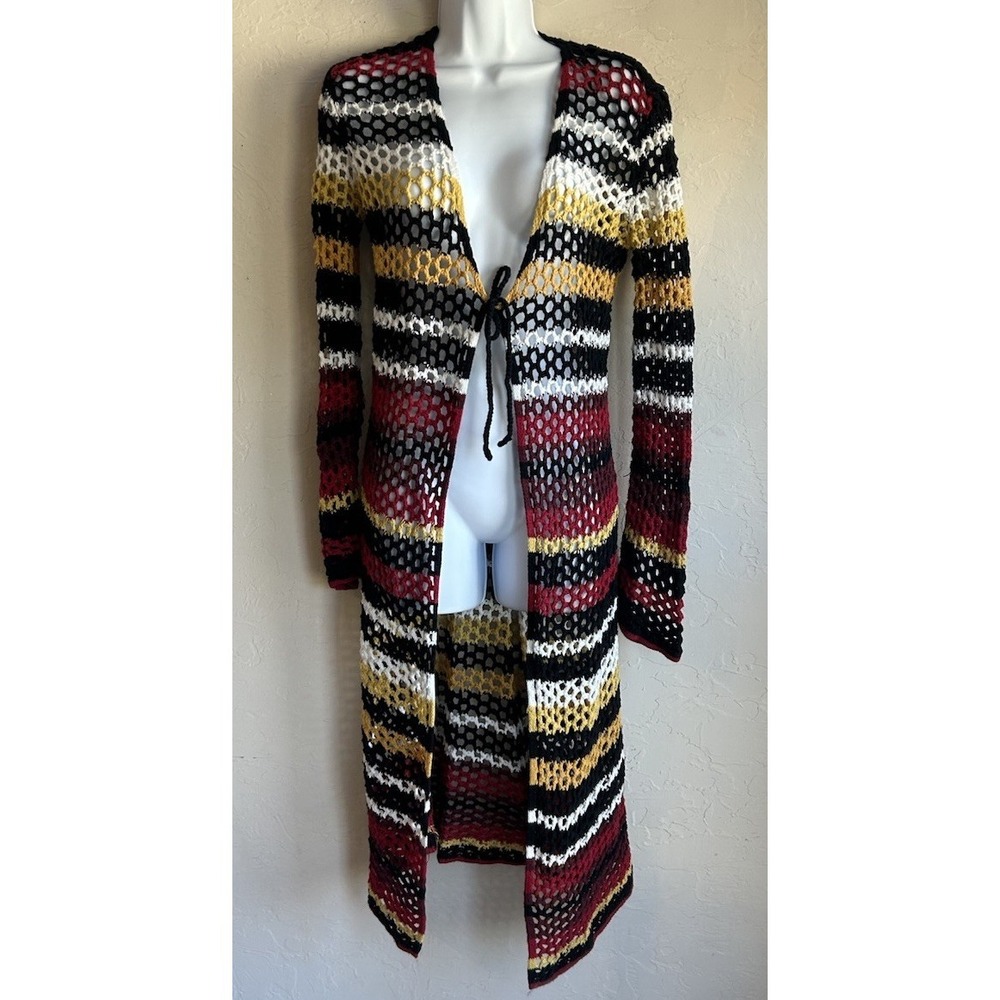 Forever21 Crochet Open Knit Long Duster Cardigan Sweater S Striped Festival Bell